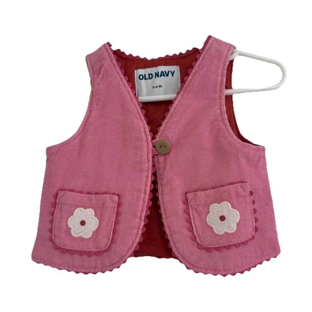 Old Navy Pink Corduroy Sleeveless Vest 3-6 Months Girls Flower Pockets Button